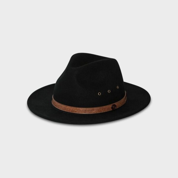Billy Bones Club brand black fedora hat made from 100% wool felt with brown leather crown wrap