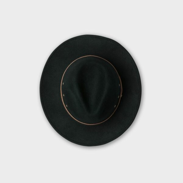 Billy Bones Club brand black fedora hat made from 100% wool felt with brown leather crown wrap (top view)