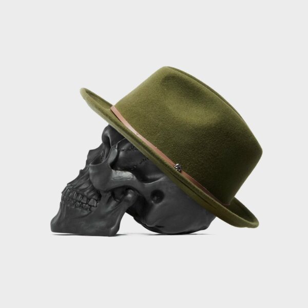 Angus: Turn Up Fedora by Billy Bones Club. Green wool felt with leather crown wrap and skull metal button