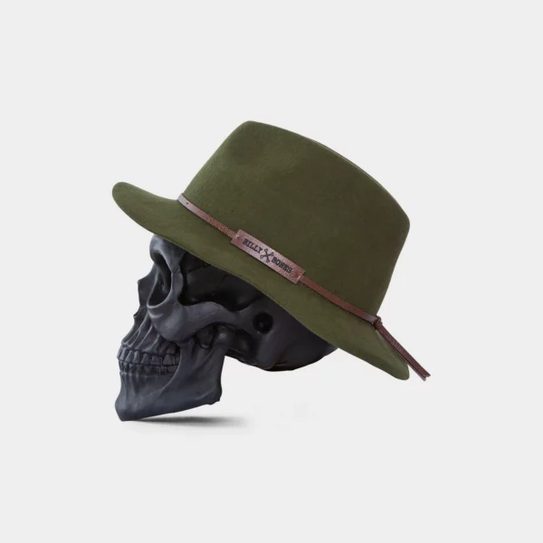 Billy Bones Club Brand Jungle Boggie Fedora Hat. Green colour, made from 100% wool felt with a brown leather crown wrap.