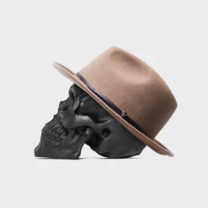 Billy Bones Club Brand Malcolm Turn Up Fedora. Brown Wool Felt hat with Black leather crown wrap and skull button